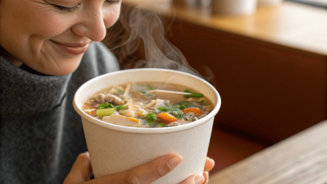 A person comfortably holding a double-wall paper bowl filled with hot soup.