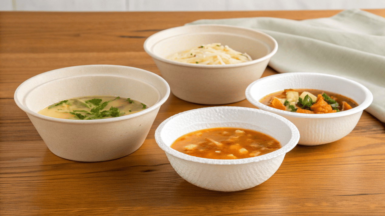 A side-by-side comparison of different soup bowls with price tags.