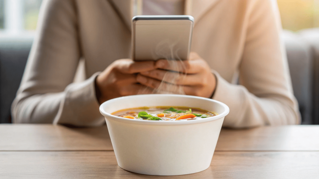 A customer leaving a positive online review on their phone, with a soup bowl in the background.