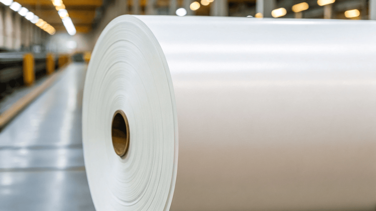 A close-up shot of a large roll of virgin SBS paperboard in a factory setting