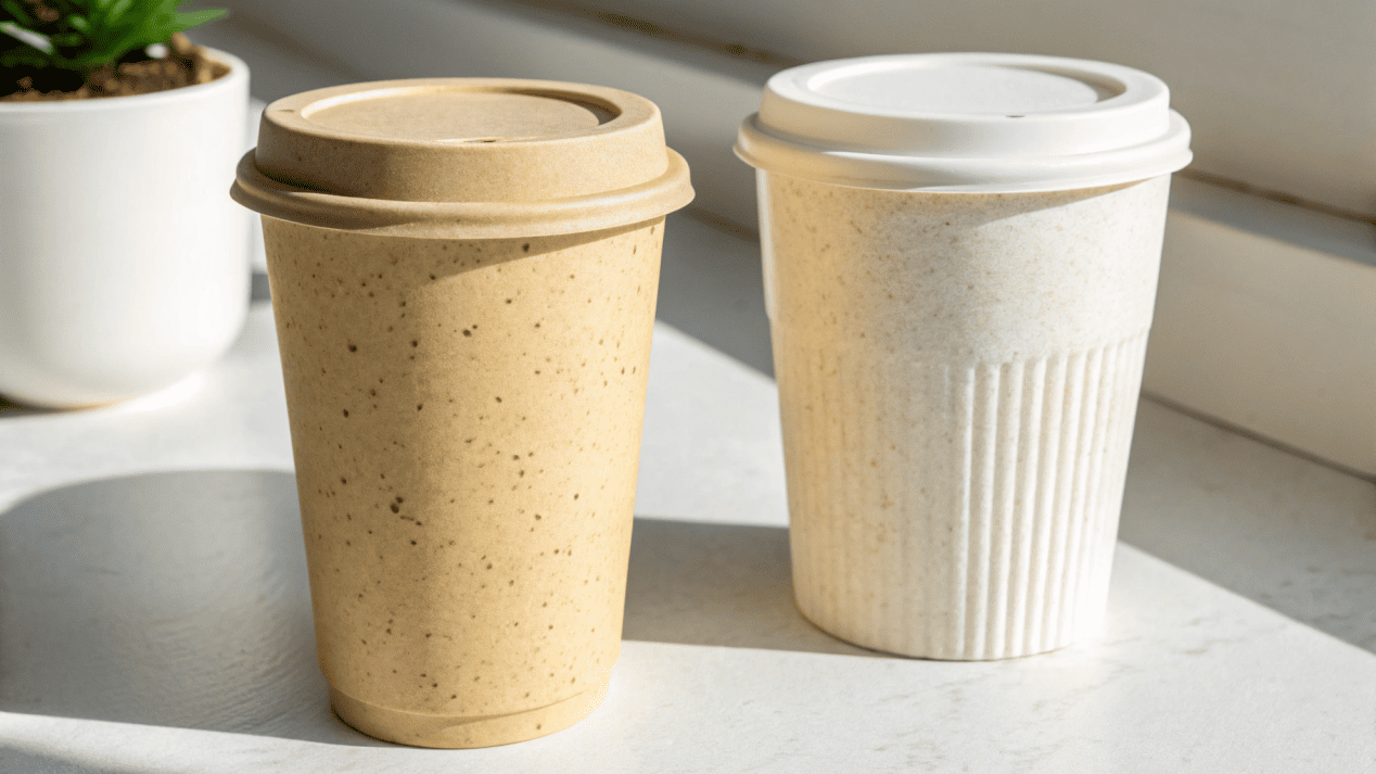 A side-by-side comparison of a bamboo paper cup and a bagasse cup, highlighting their natural textures