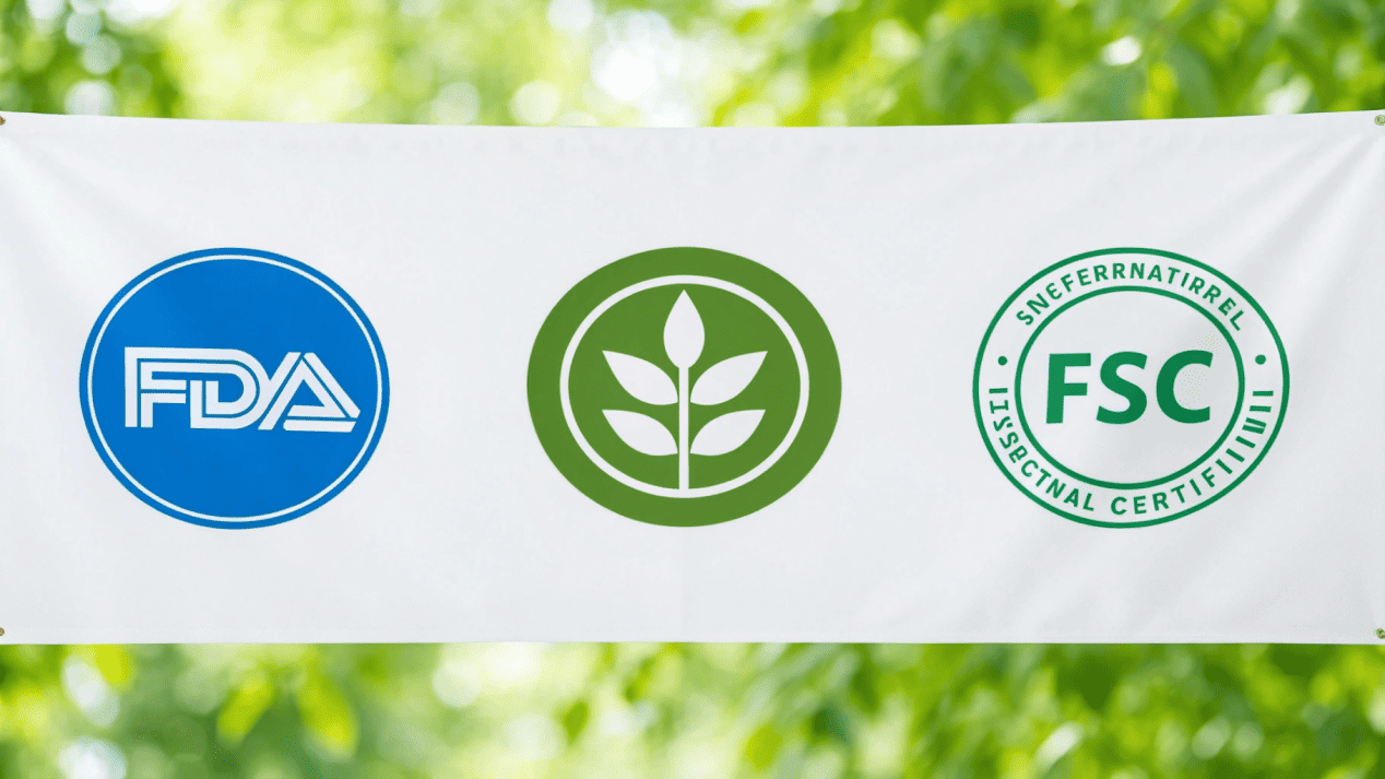 A showcase of important certification logos: FDA, FSC, and BPI, ensuring quality and safety