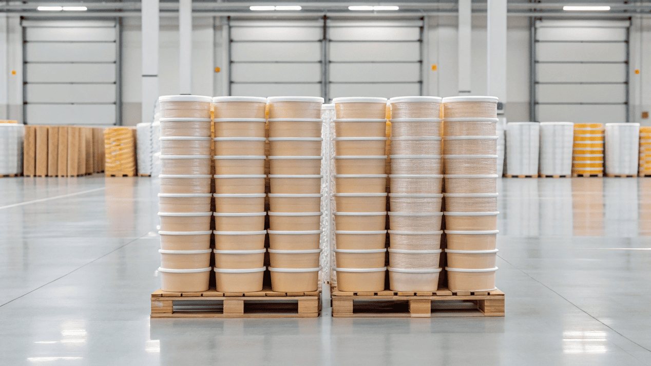 Pallets of bulk disposable ice cream cups in a warehouse ready for shipping