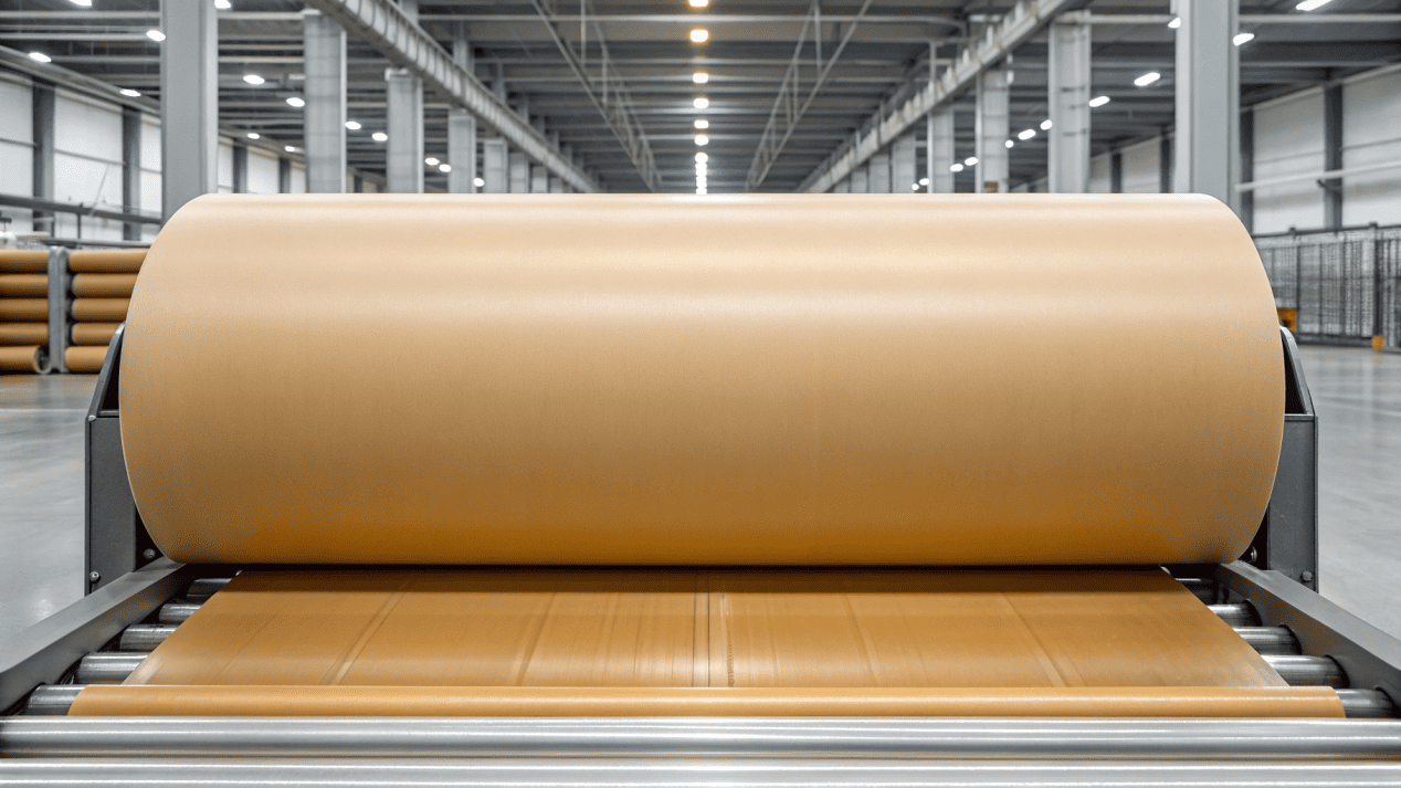 A large roll of FSC-certified paperboard being fed into a production machine