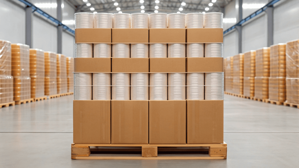 A perfectly stacked and wrapped pallet of ice cream cup cartons ready for export
