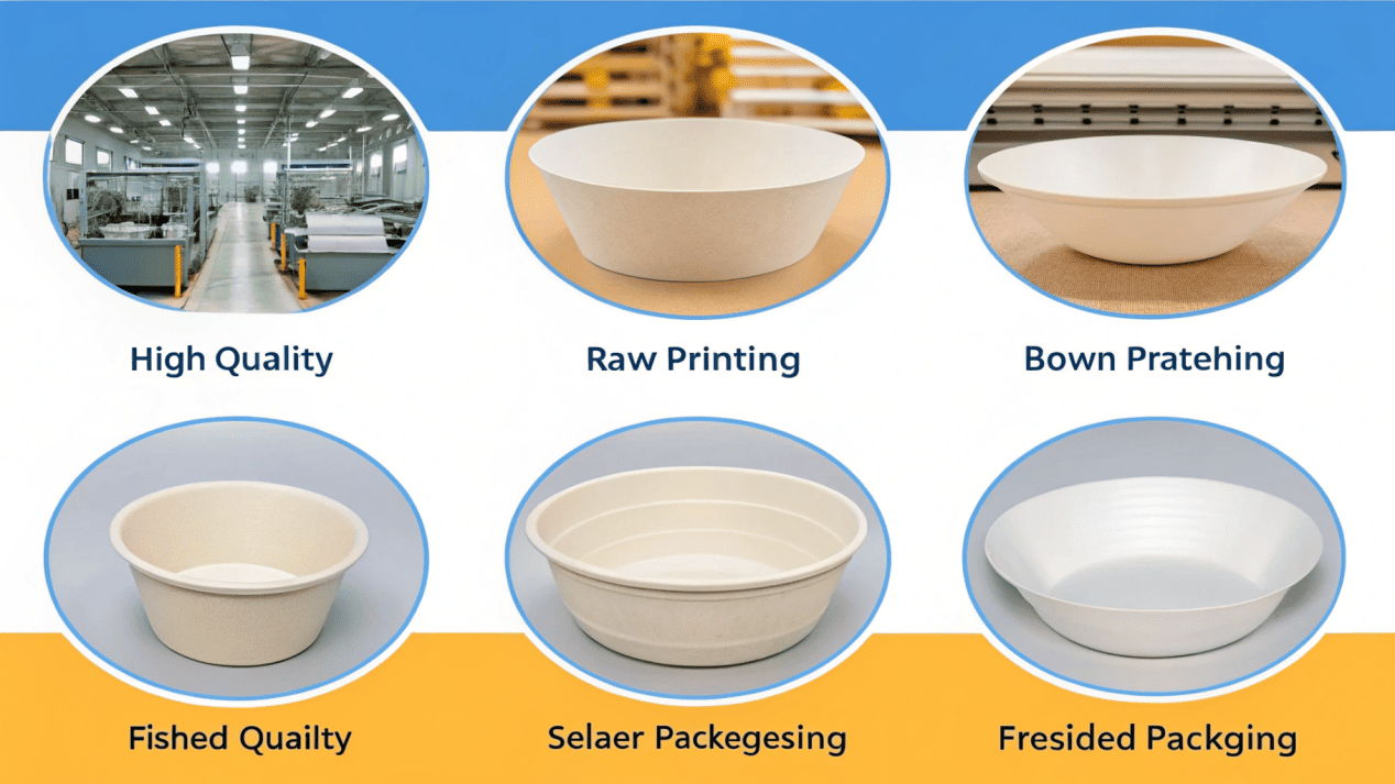 Diagram showing step-by-step disposable paper bowl manufacturing stages