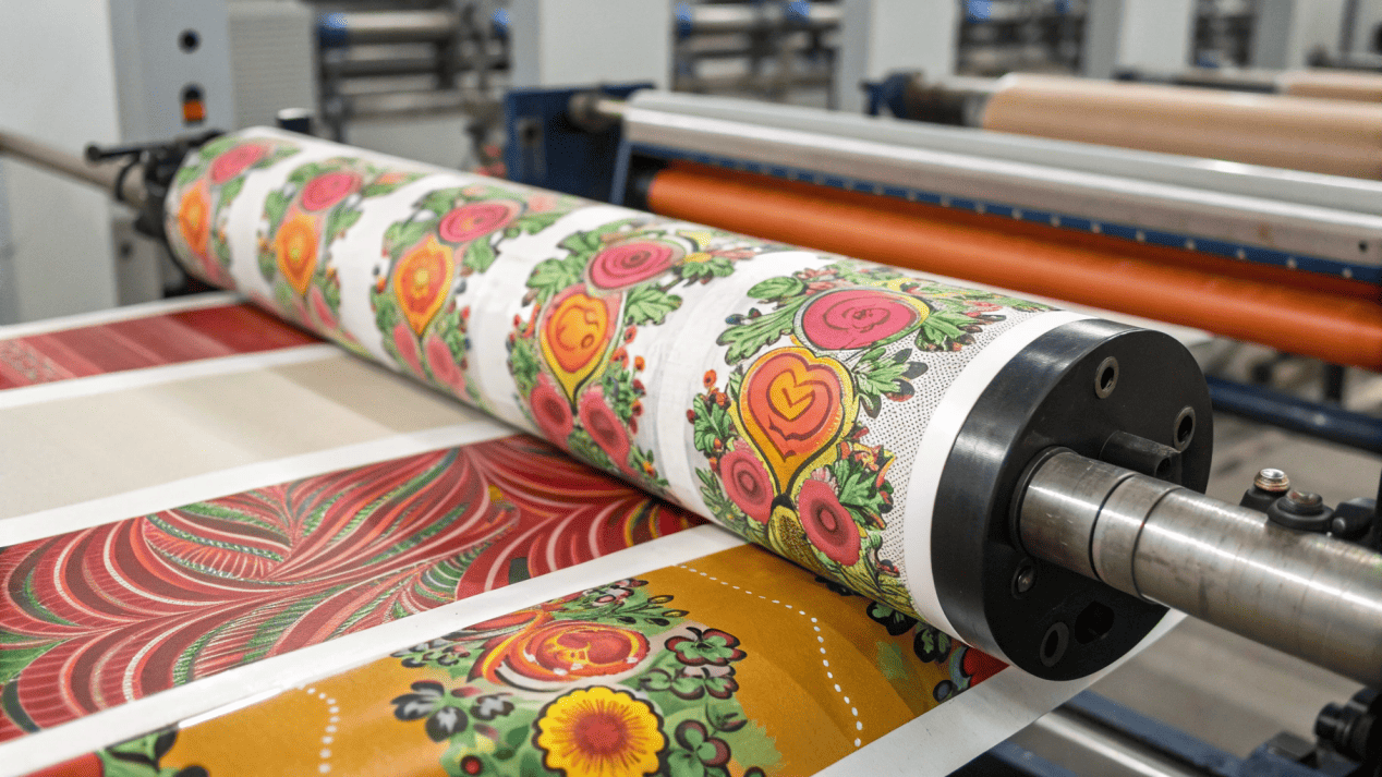 Printing on Paper for Bowls A high-speed flexographic printing press applying a colorful design to a roll of paperboard.