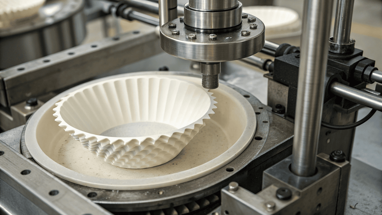 Paper Bowl Forming Machine in Action A close-up of a paper bowl forming machine, showing the knurling and rim curling process.