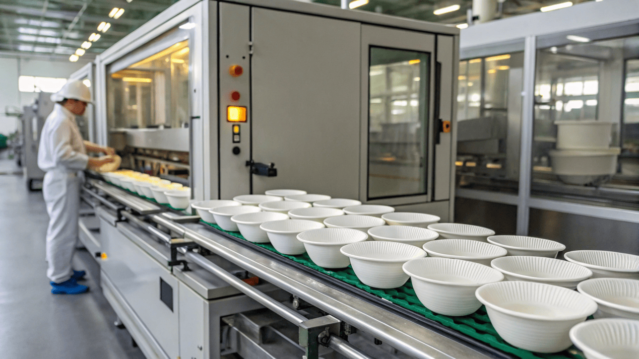 High-speed paper bowl forming machine in operation