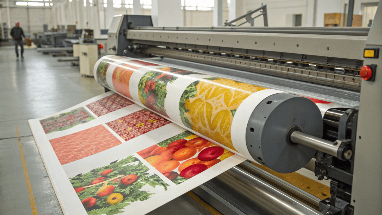 Flexographic Printing for Paper Bowls A large printing press applying a colorful design to a roll of paperboard.