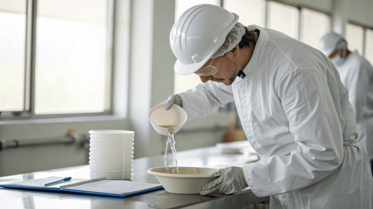 QC inspector testing paper bowl for leaks
