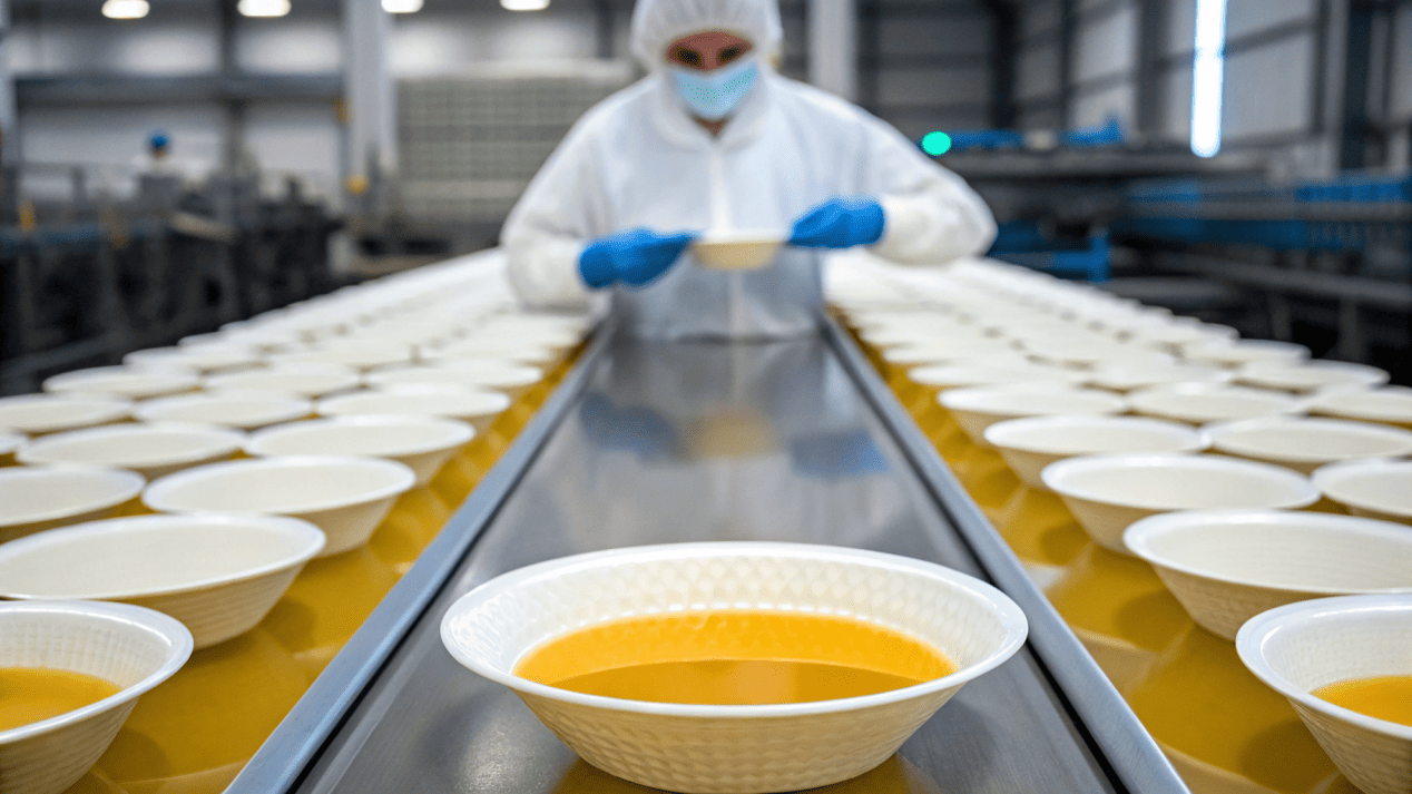 Quality Control for Paper Bowls A quality control technician conducting a leak test on a finished paper bowl.