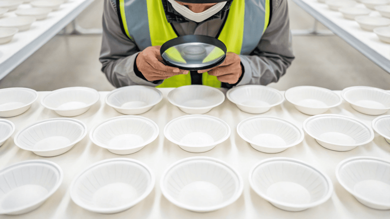 Quality Control Inspection of Paper Bowls A quality control inspector carefully examining a finished paper bowl for any defects.