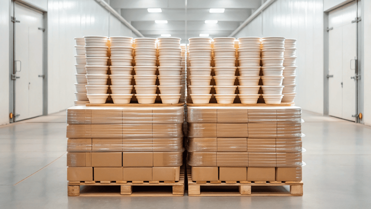 Palletized cartons of disposable paper bowls ready for shipment