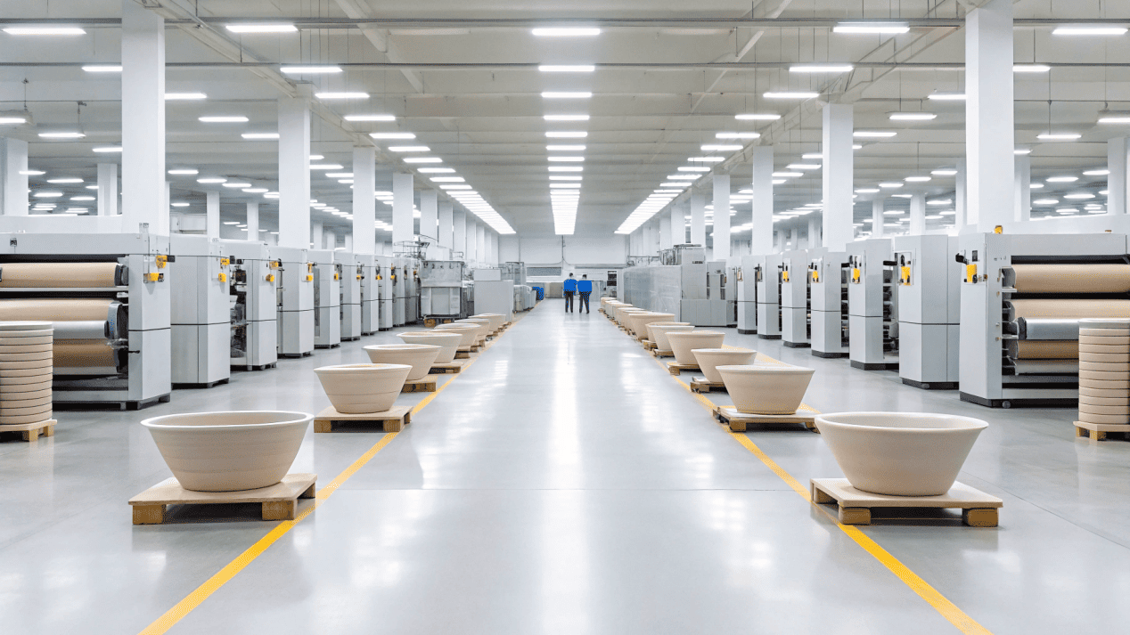 The Paper Bowl Production Process A clean, modern factory floor with machines producing paper bowls in a neat line.