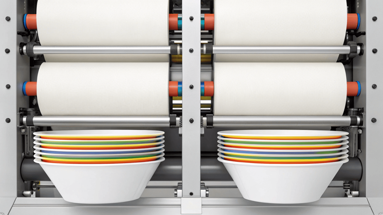 Step-by-Step Paper Bowl Manufacturing An illustration showing the four main stages of paper bowl manufacturing: print, cut, form, curl.