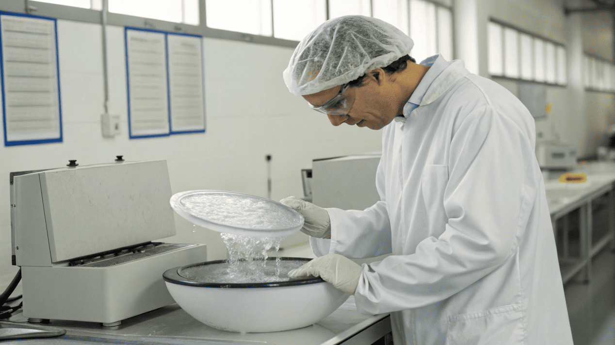 Quality Control Procedures for Paper Bowls A quality control technician in a lab coat performing a leakage test on a paper bowl.