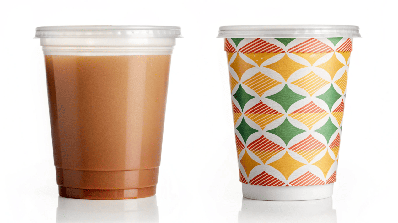Plastic vs. Paper Cups A side-by-side comparison of a clear plastic cup and a custom-printed paper cup.