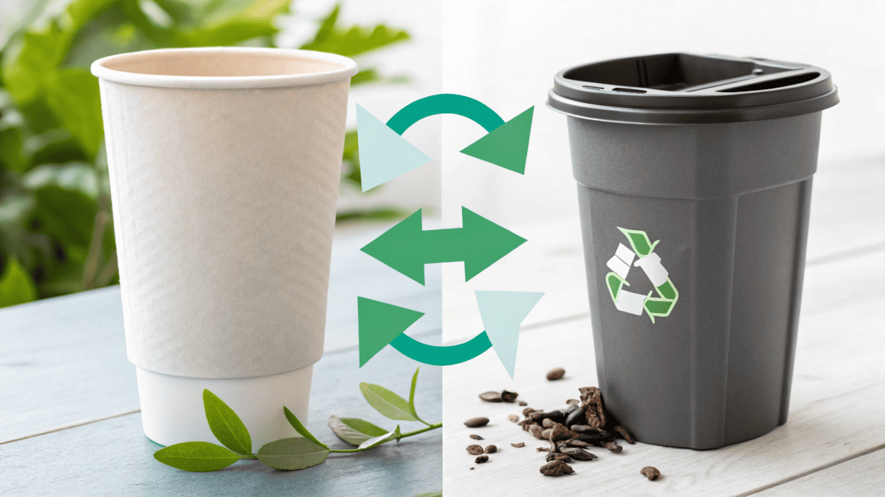 Environmental Impact of Cups A diagram showing the lifecycle of a PLA-lined paper cup versus a plastic cup ending in a landfill.
