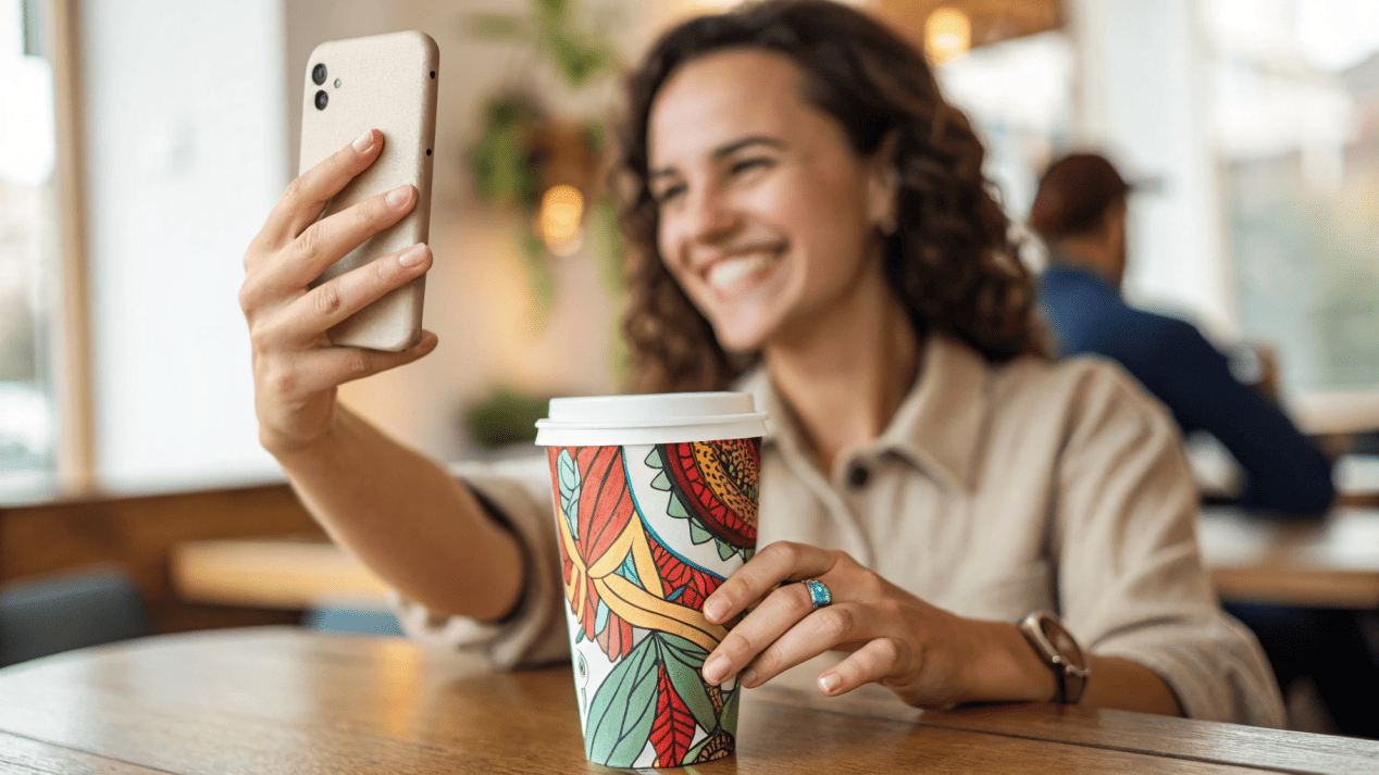 Customer Preference for Paper Cups A customer happily taking a photo of a beautifully printed paper cup for social media.