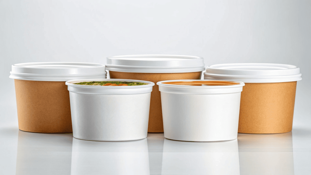 Disposable Paper Soup Bowls & Cups With Lids An assortment of high-quality disposable paper soup bowls with lids