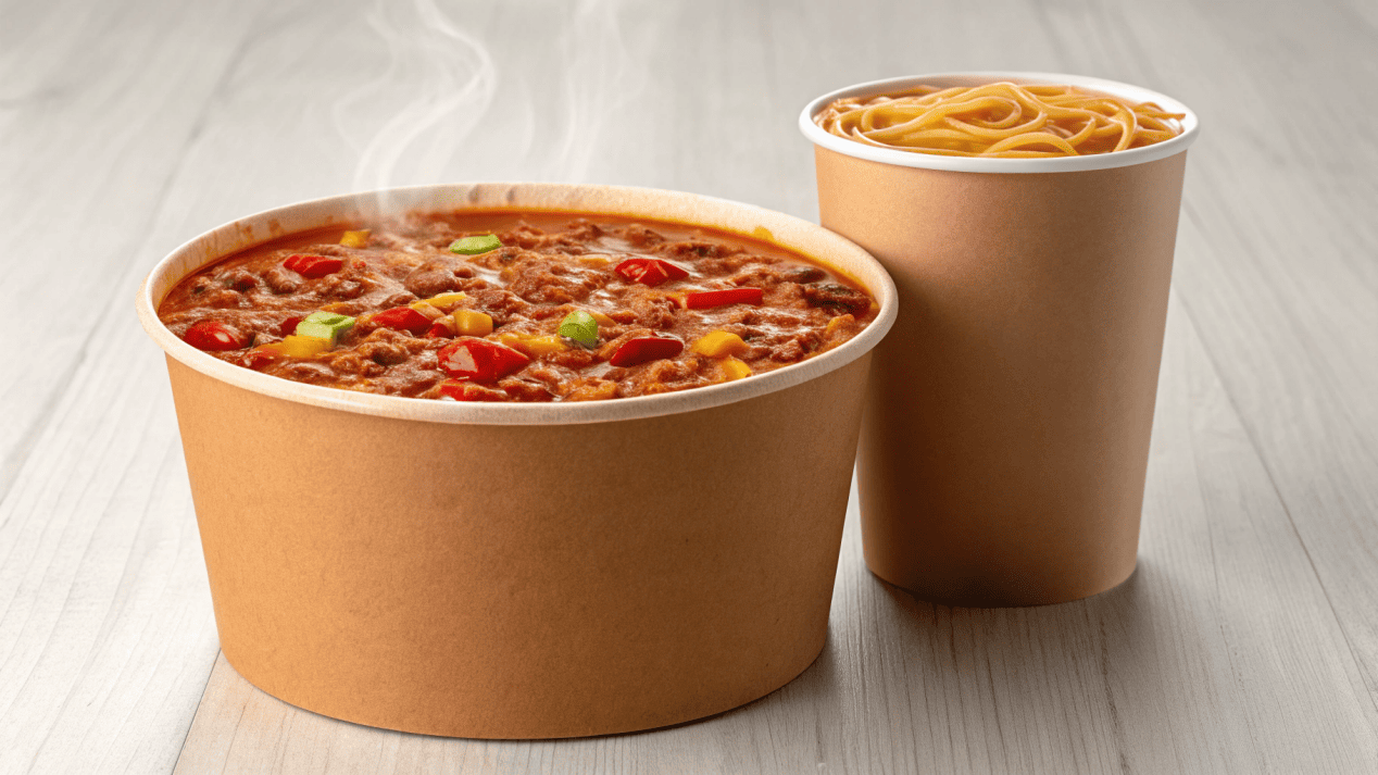 Soup bowl product variety A wide bowl with thick chili side-by-side with a tall cup of noodle soup