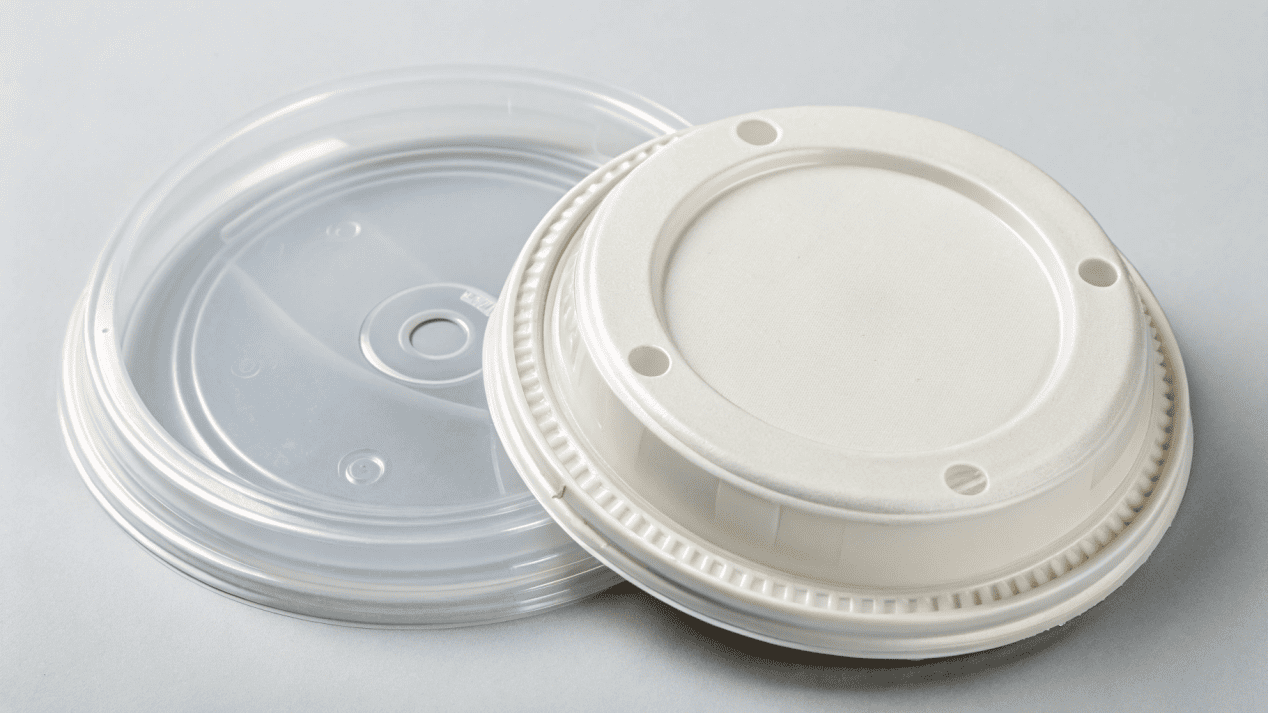 Soup bowl lid materials A close-up of a vented PP plastic lid and a compostable CPLA lid