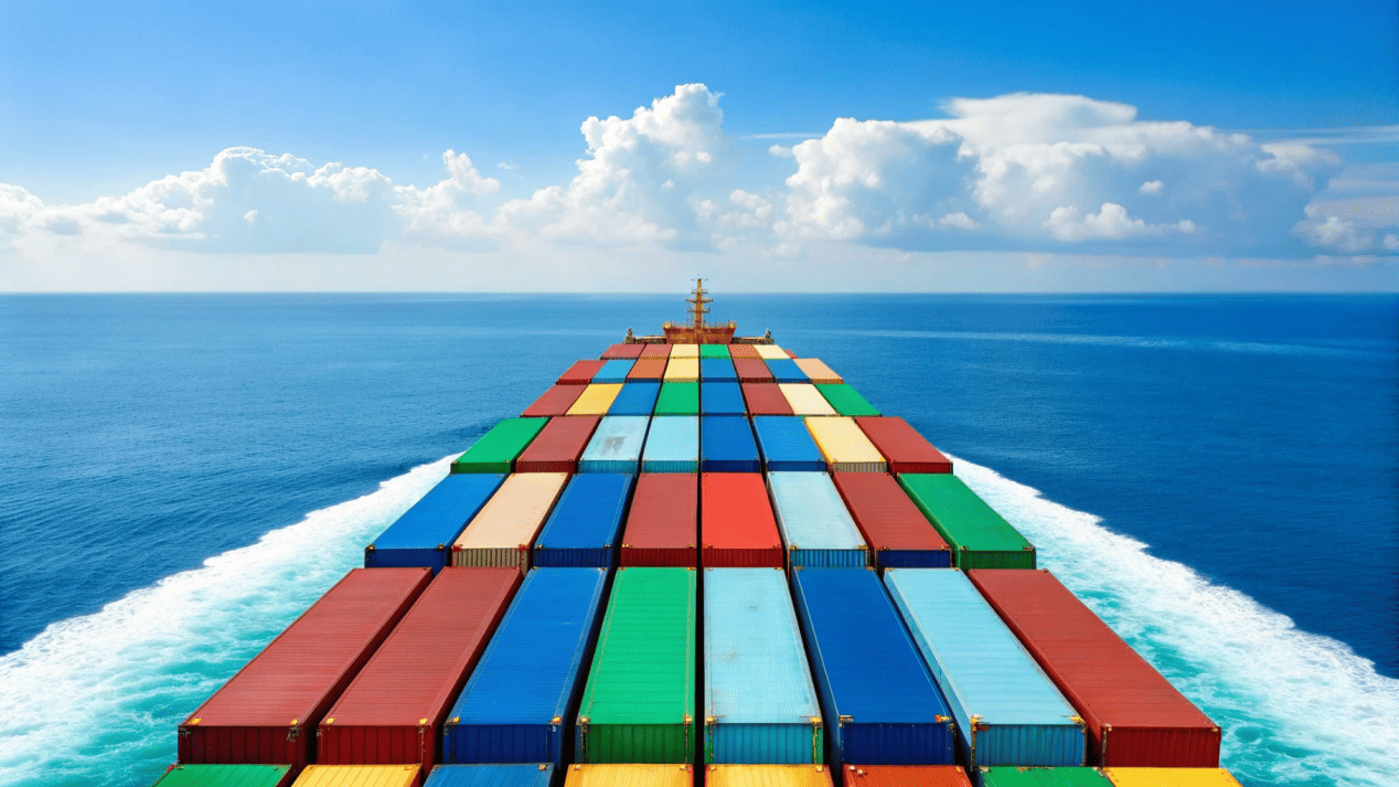 Global logistics for soup bowls A large container ship on the ocean, representing global logistics