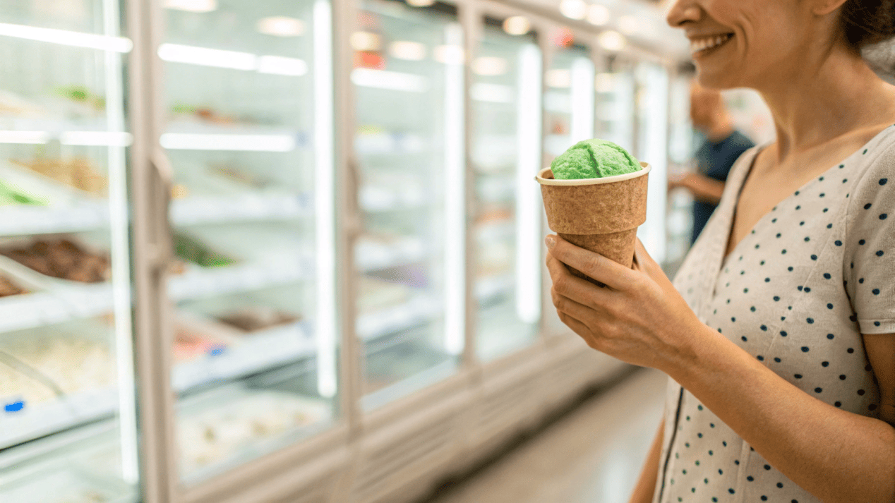 A customer choosing an ice cream brand specifically because of its eco-friendly packaging label