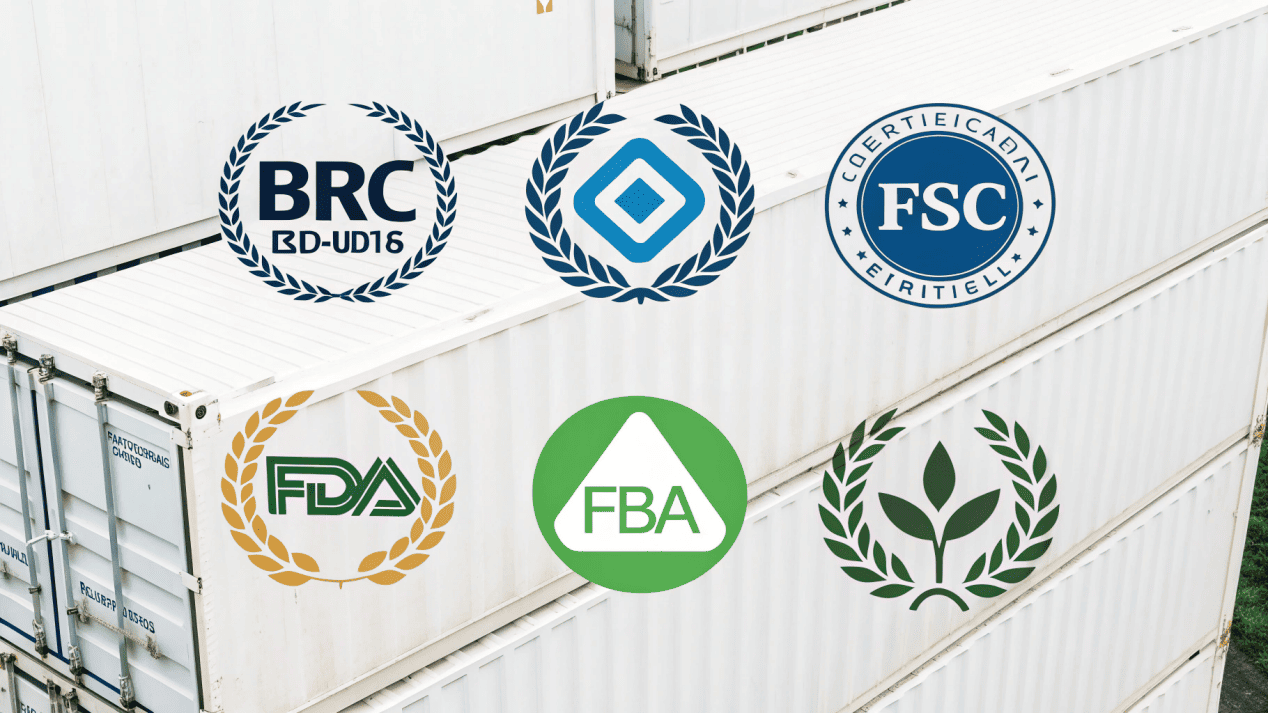 A collage of official certification logos like BRC, ISO 9001, FDA, and FSC