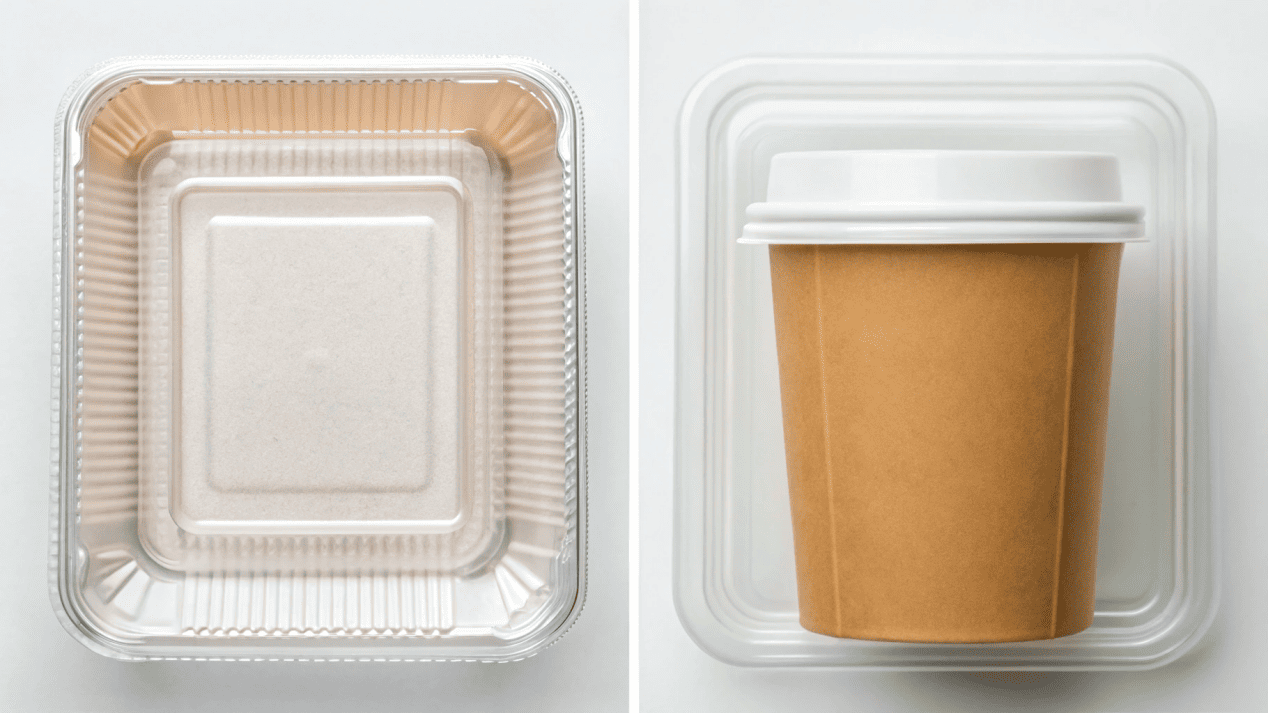 Sustainable PLA Foodservice Products A collection of compostable PLA and CPLA foodservice products like cups, bowls, and cutlery.