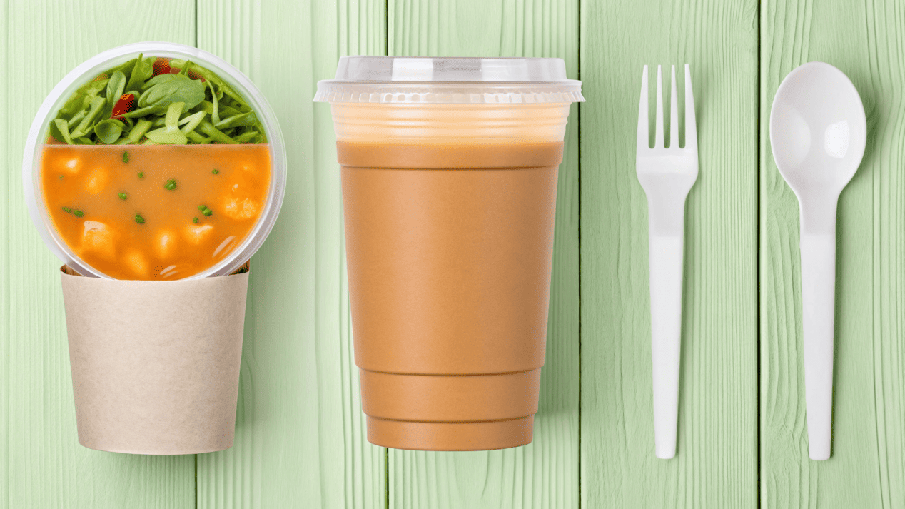 Applications of PLA in Foodservice A collage showing a clear PLA cold cup, a CPLA-lined paper soup bowl, and CPLA cutlery.