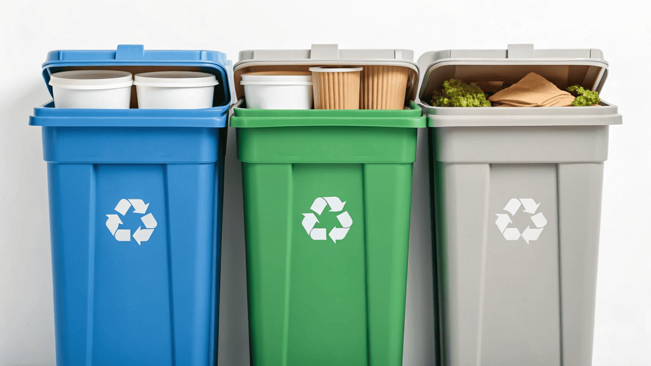 Three bins labeled Recycling, Composting, and Landfill with packaging items