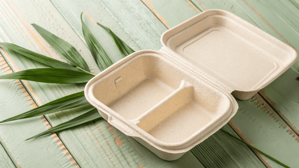 Innovations in PLA Packaging An innovative bagasse container with a shiny PLA lining inside.