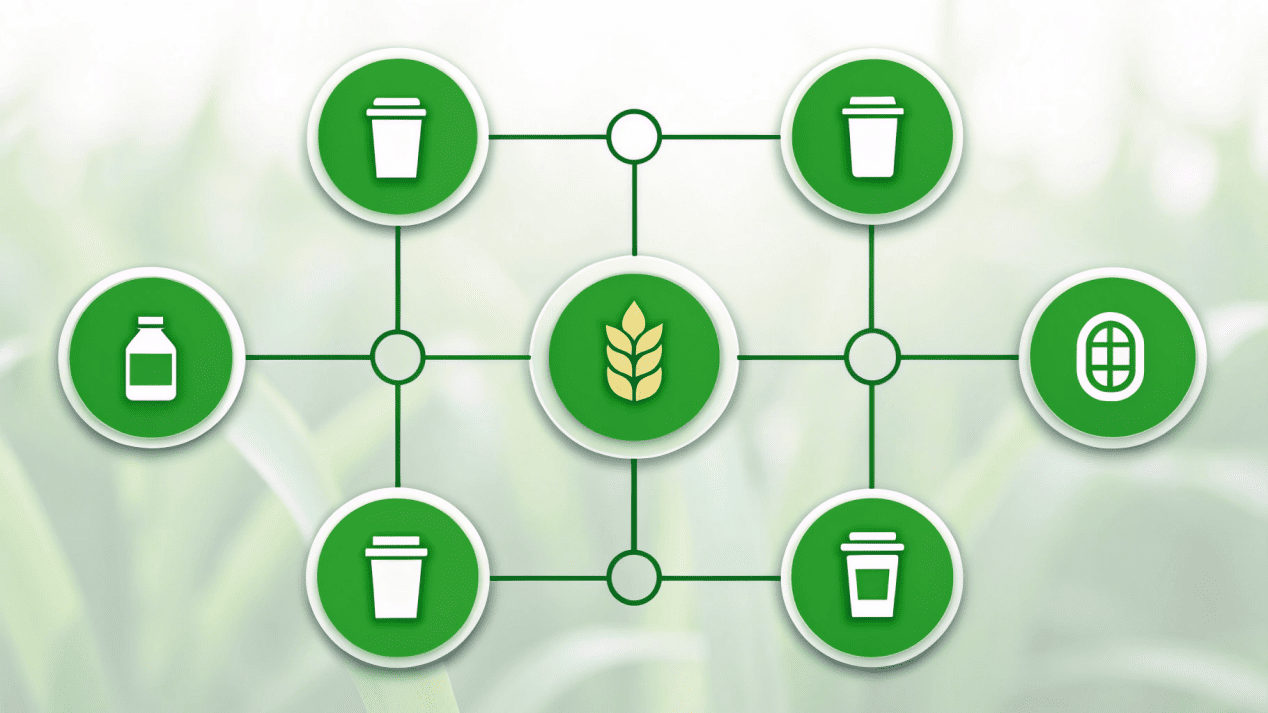 PLA Food Container Supply Chain A flow chart diagram showing the PLA supply chain from corn to coffee shop.