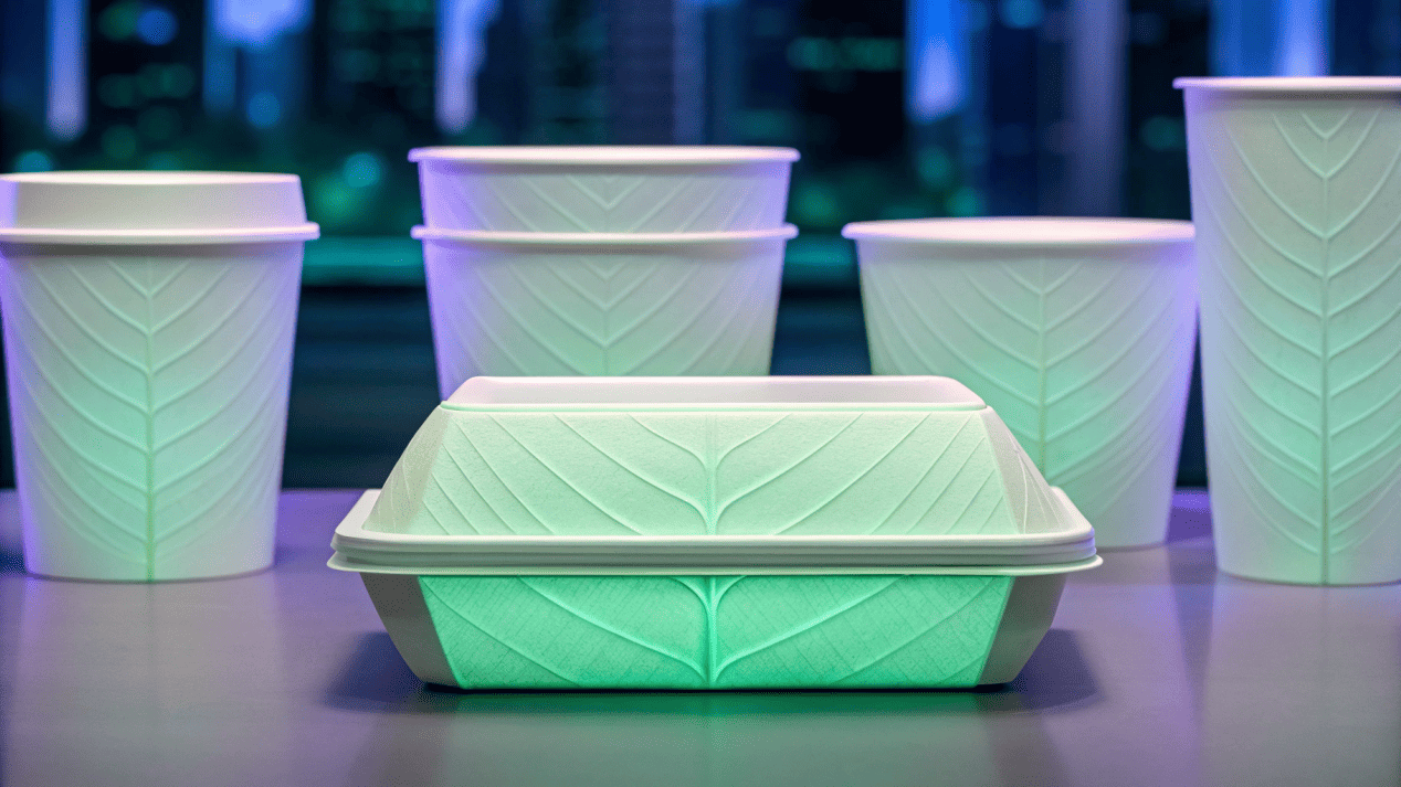 A futuristic image of packaging made from organic, glowing materials