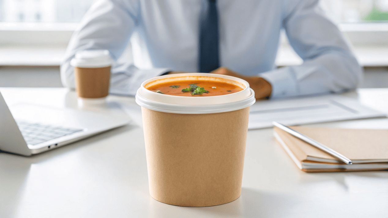 Easy and Clean Soup Lunch A person enjoying a hassle-free soup lunch at their desk with a perfectly sealed container