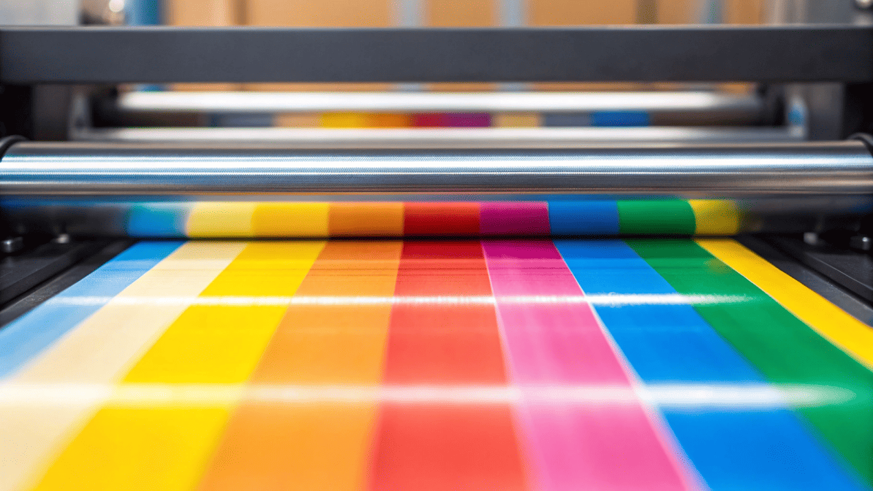A close-up of an offset printing machine applying a colorful design to a sheet of paperboard for cups