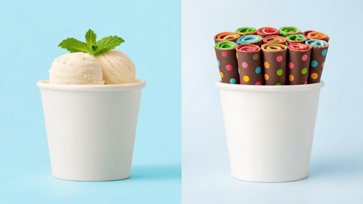 A split image showing an elegant gelato cup on one side and a fun, colorful rolled ice cream cup on the other
