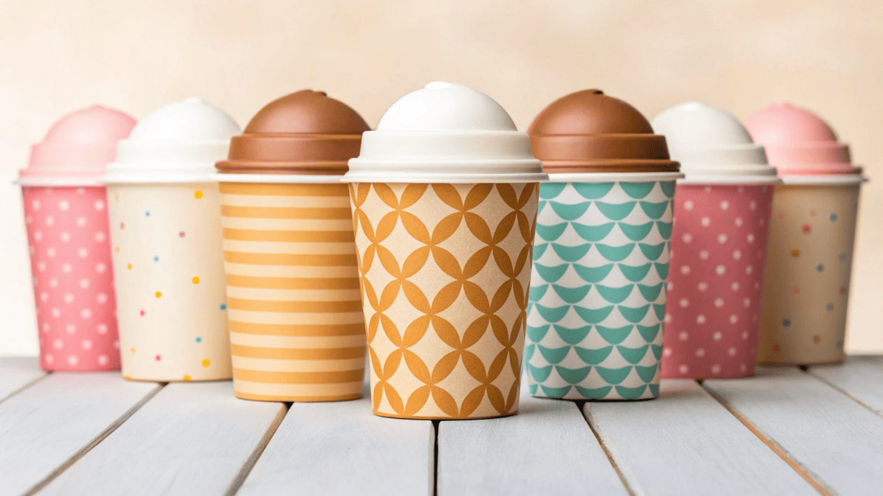 A collection of perfectly designed and branded ice cream cups in various sizes and styles