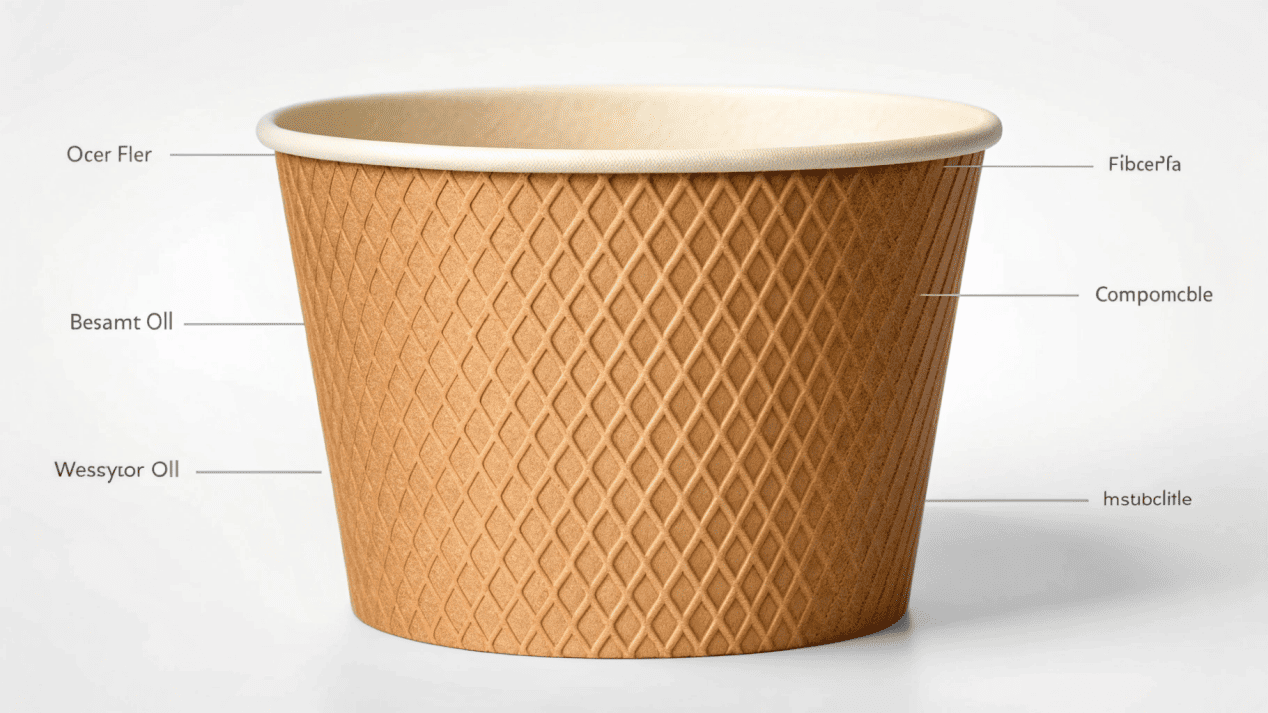An inside look at an ice cream cup, showing the paperboard layers and the inner PLA lining