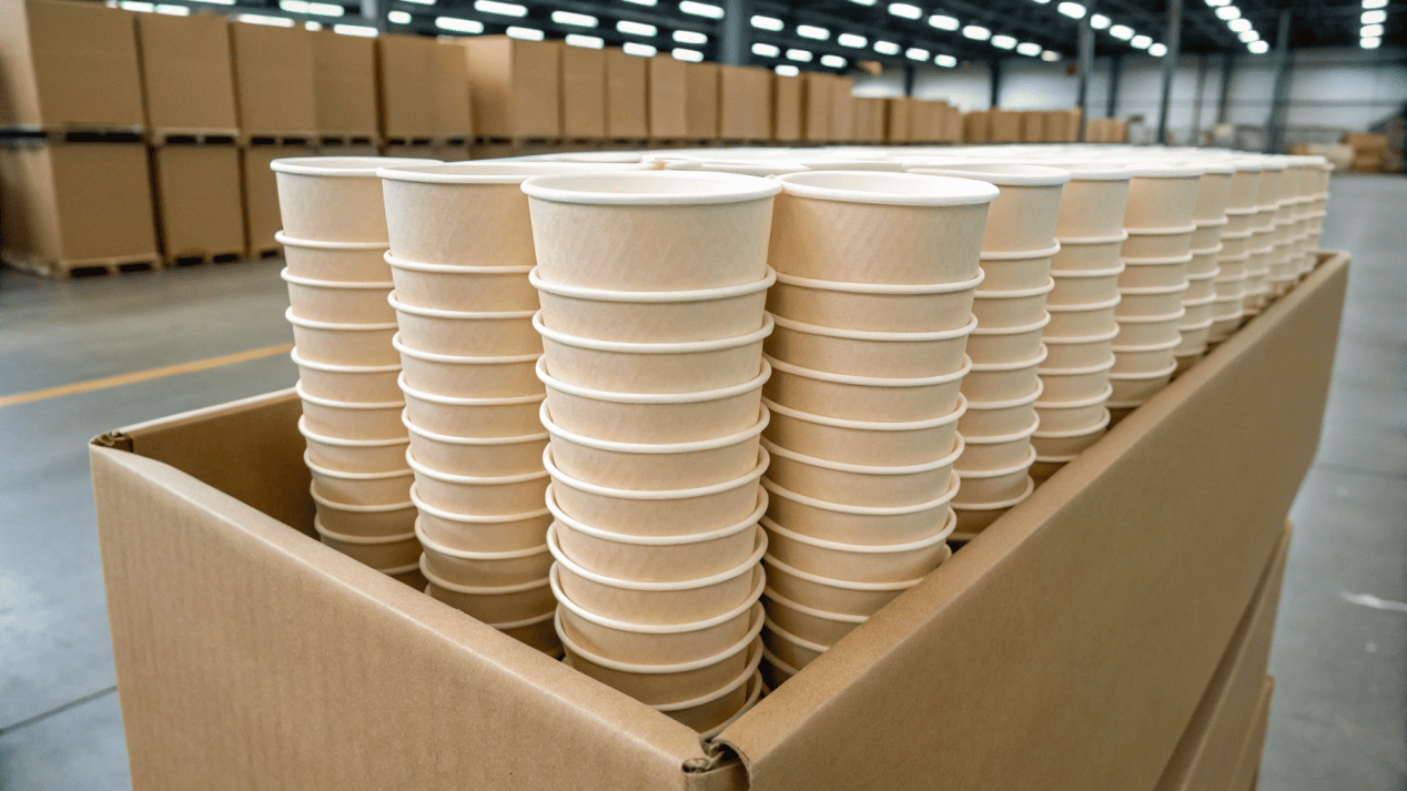 Stacks of ice cream cups neatly packed in strong, double-walled corrugated shipping boxes