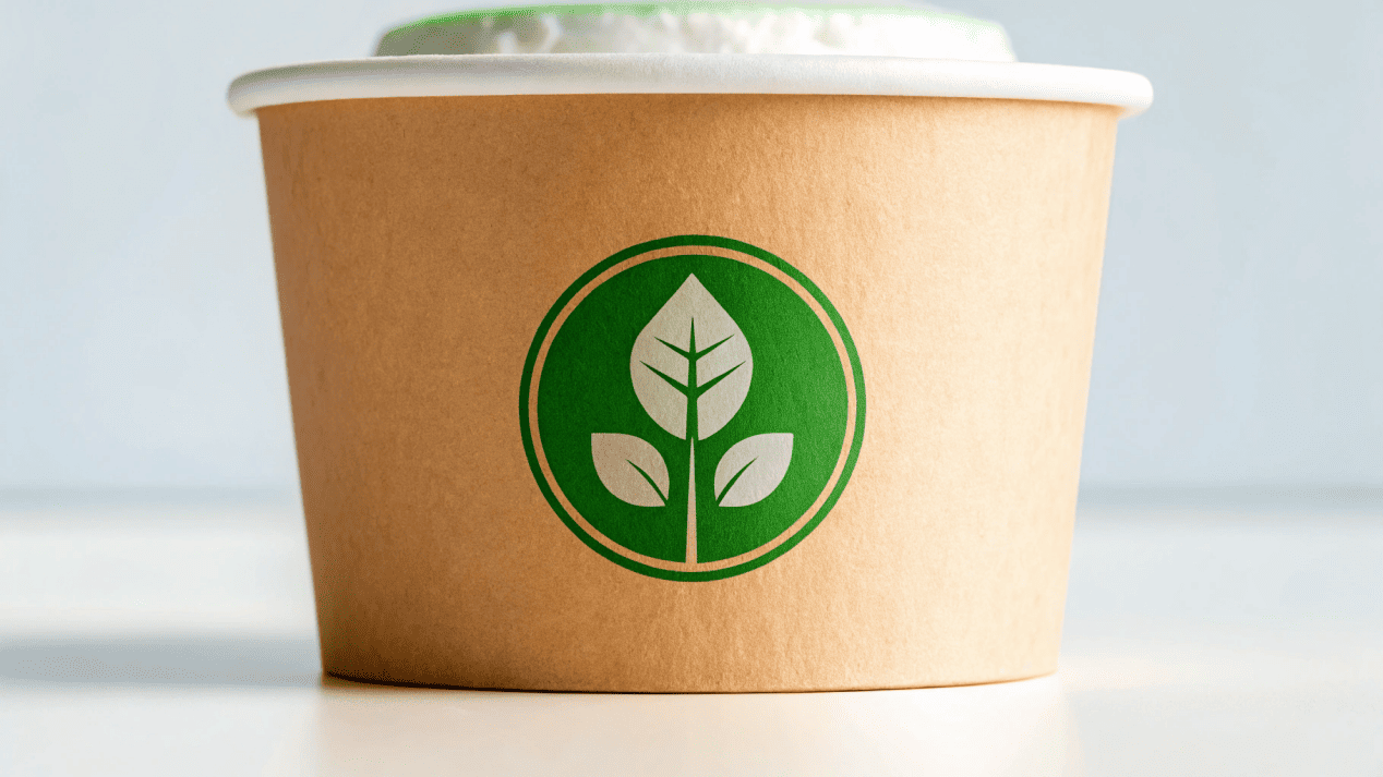 An ice cream cup featuring prominent FSC and Compostable logos as part of its design