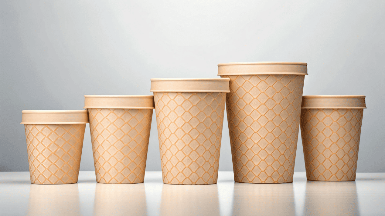 A lineup of different sizes of custom-branded large ice cream cups, from 14oz to 64oz