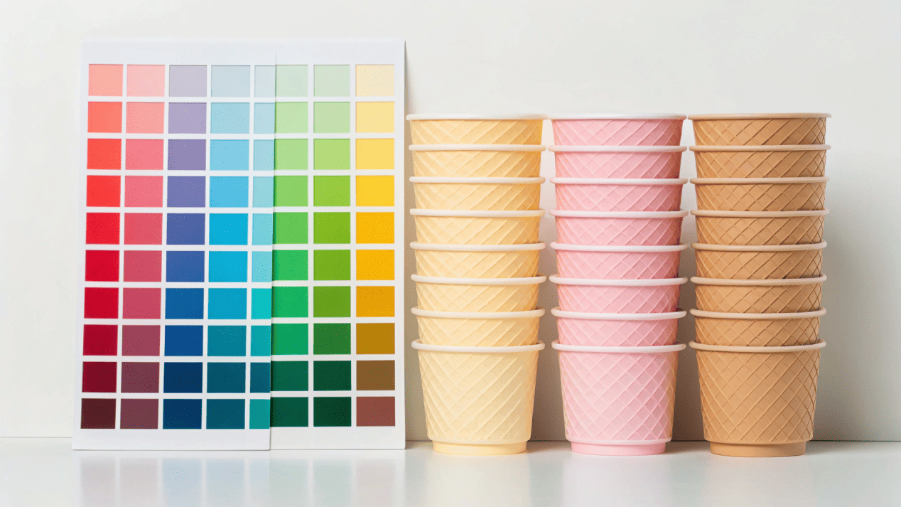 The Costs of Custom Cup Printing An illustration showing printing plates and color swatches next to a stack of ice cream cups