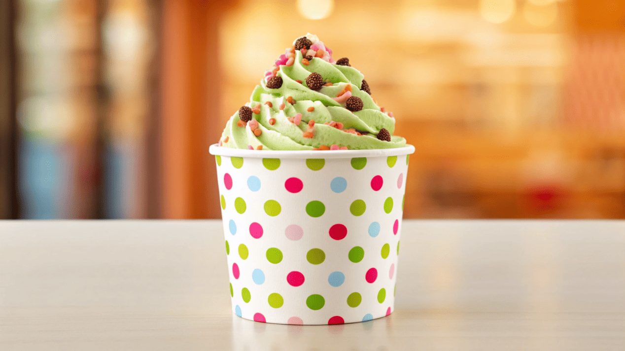 Ice Cream Cup Presentation and Marketing A photo of an "Instagrammable" ice cream cup, looking vibrant and delicious.