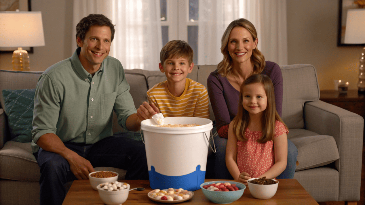 A family sharing a large 32oz tub of ice cream at home