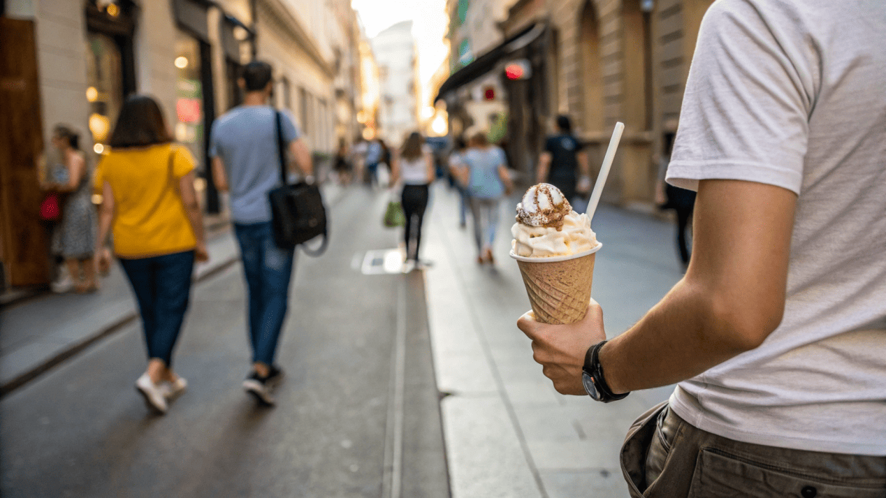 Branded Cup as a Walking Billboard A customer walking down a busy street, holding a clearly branded ice cream cup