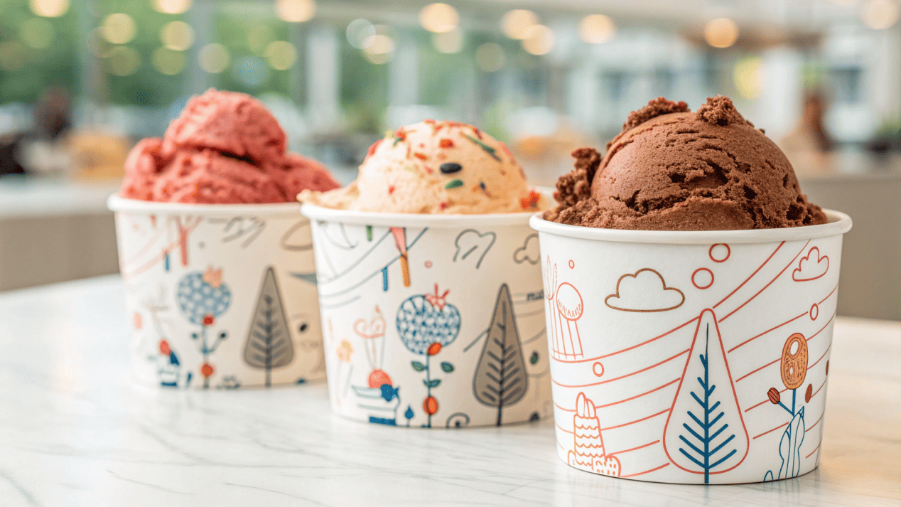 Ice Cream Cups as Branding Billboards A collection of ice cream cups with strong, distinct branding that tells a story.