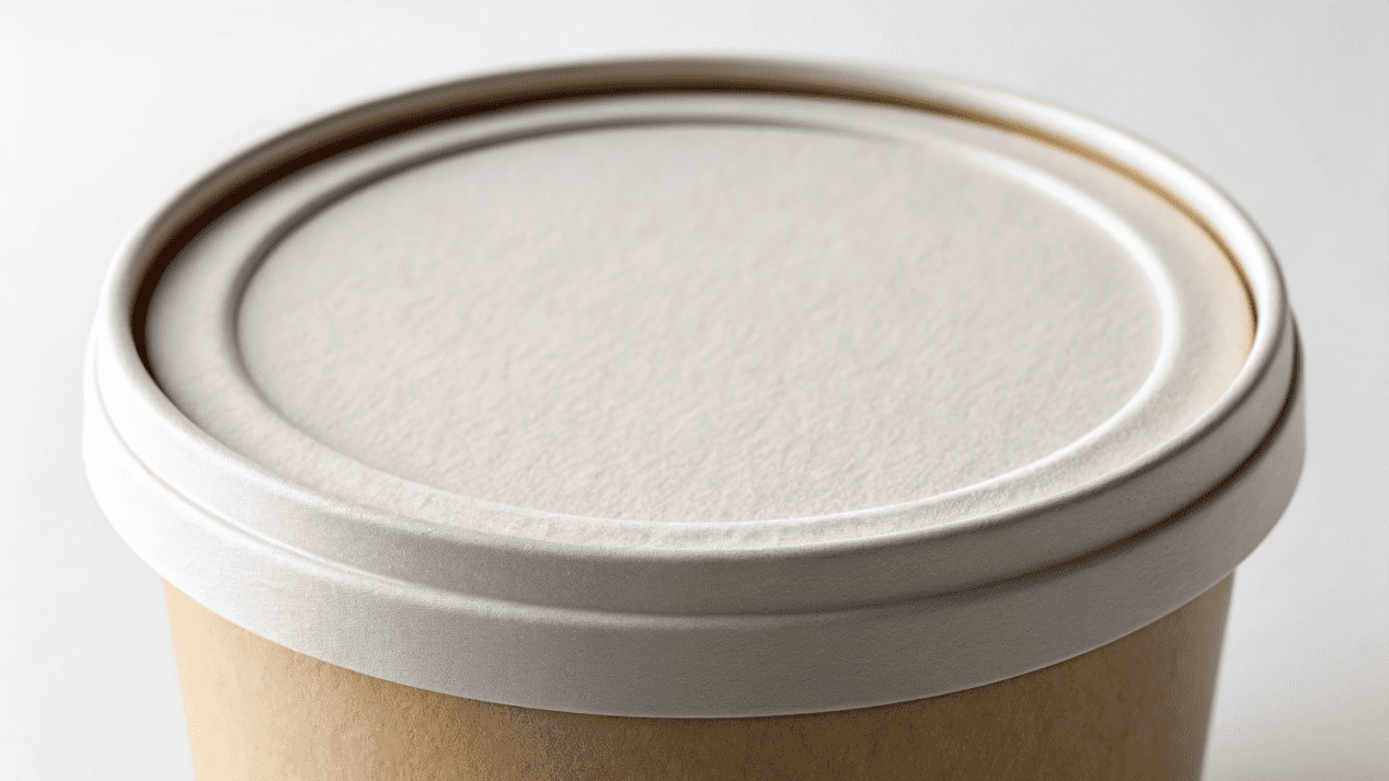 A close-up of a perfectly sealed paper lid on a large ice cream tub, showing no gaps or frost